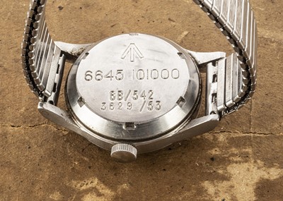 Lot 377 - An early 1950s Omega Military Issue RAF Pilot's "Fat Arrow" stainless steel wristwatch