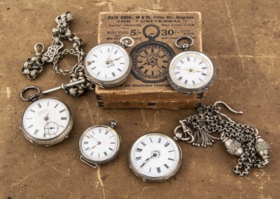 Lot 384 - Five late 19th and early 20th century silver open faced pocket watches