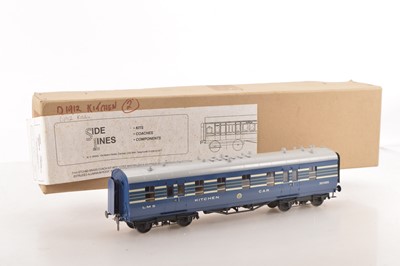 Lot 179 - Side Lines Kit Built Finescale 0 Gauge 50ft LMS Coronation Scot blue lined with silver stripes 'Kitchen' Car.