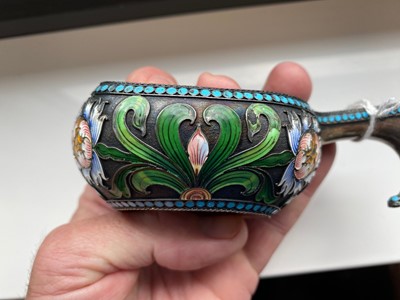 Lot 469 - A late 19th or early 20th century Russian silver and enamel kovsh by Nikolay Strulev