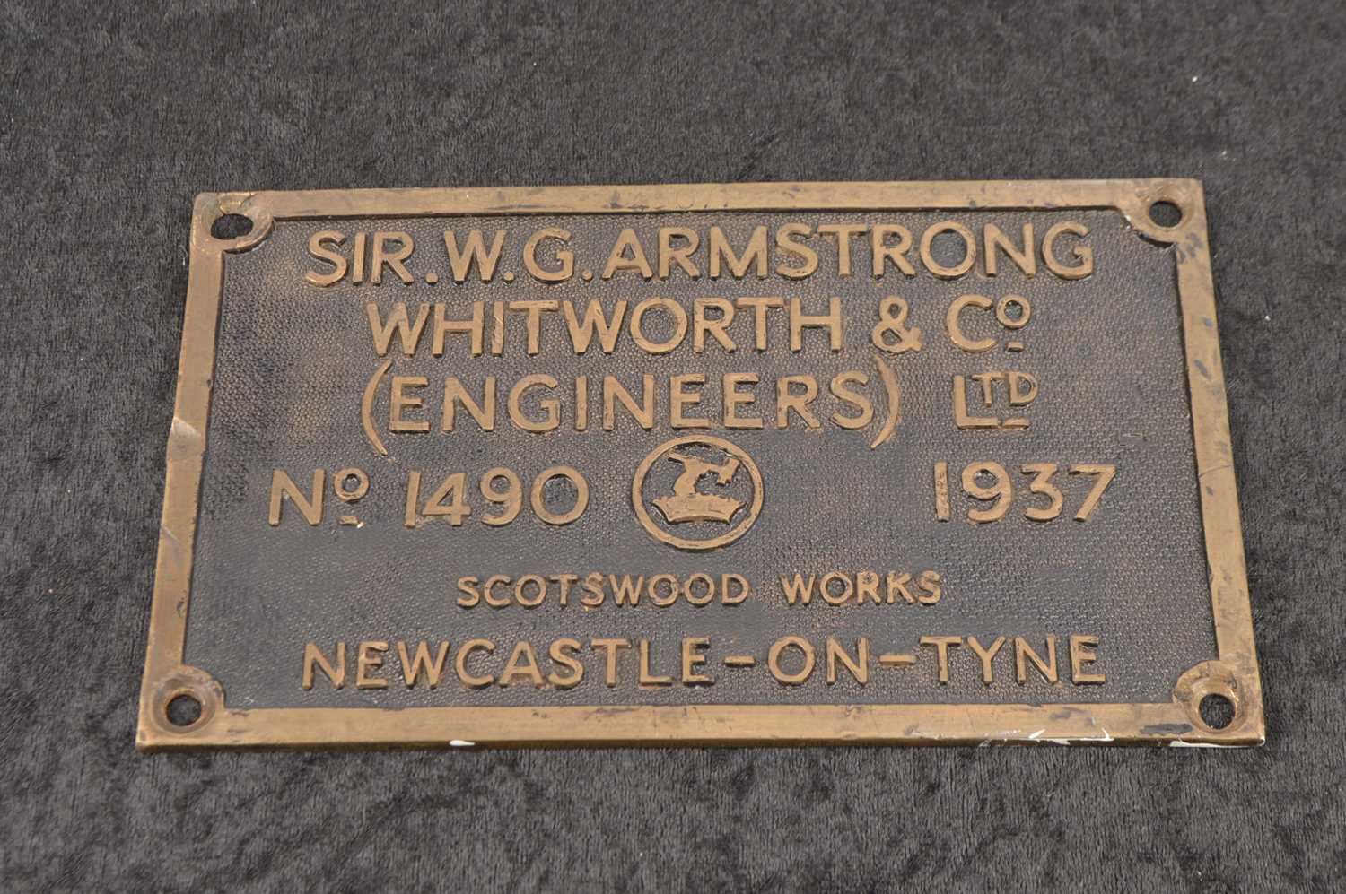 Lot 521 - Cast Brass Armstrong Whitworth Locomotive Works Plate.