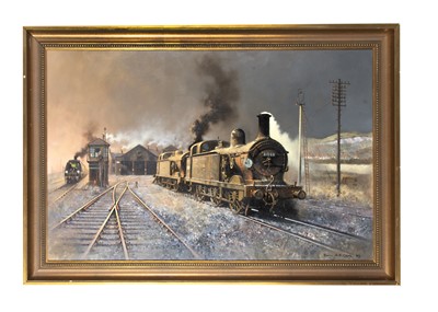 Lot 549 - Oil on Canvas Steam Engines and The Golden Arrow at Folkestone Junction by Barrie A F Clark