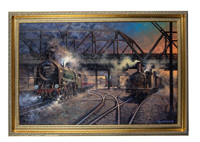 Lot 550 - Oil on Canvas The Norfolk Man Passing Under a Girder Bridge at Sunset by Barrie A F Clark