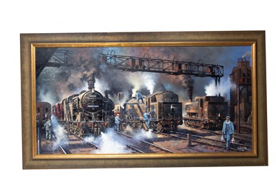 Lot 551 - Oil On Canvas Busy Morning Scene at a Train Station with Steam Engines by Barrie A F Clark