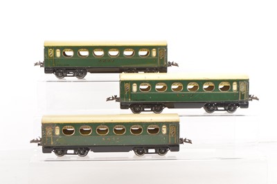 Lot 595 - French Hornby 0 Gauge Trio of SNCF 1st/2nd bogie Passenger coaches