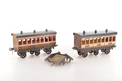 Lot 797 - Bing 2.5 inch Gauge (Gauge 3) pair of LSWR Clemenson style 6-wheel Passenger coaches