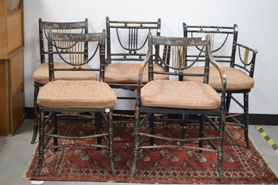 Lot 20 - A matched set of five Regency black lacquered faux bamboo chairs