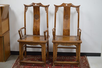 Lot 22 - A pair of Chinese hardwood yoke-back wedding or marriage armchairs