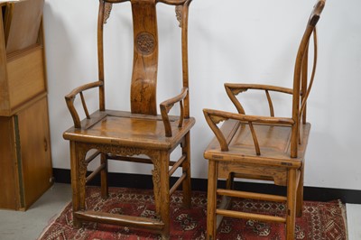 Lot 22 - A pair of Chinese hardwood yoke-back wedding or marriage armchairs