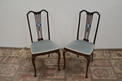 Lot 91 - A pair of mahogany side chairs with Wedgwood style jasperware porcelain plaques