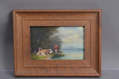 Lot 143 - Late 19th-Early 20th Century European School "Cattle by a lake"