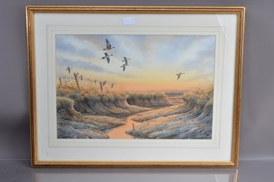 Lot 168 - Simon Trinder (b.1958) "Pintail Over Marshes" watercolour