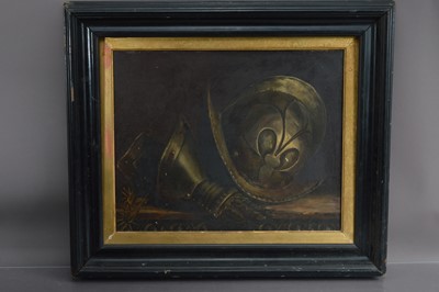 Lot 172 - British School "Still Life: Medieval Morion Helmet, Spurs & Gauntlets"