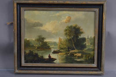 Lot 203 - British School 19th Century "A Riverside Landscape with Church and Barges"