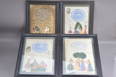 Lot 239 - Indian School 20th/21st Century a set of four miniature paintings on old documents