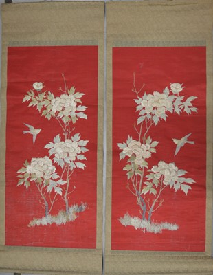 Lot 326 - A pair of early 20th Century Chinese silk hanging scrolls