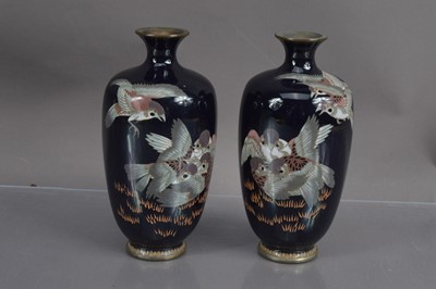 Lot 331 - A pair of Japanese cloisonné Meiji period (1868-1912) vases decorated with sparrows