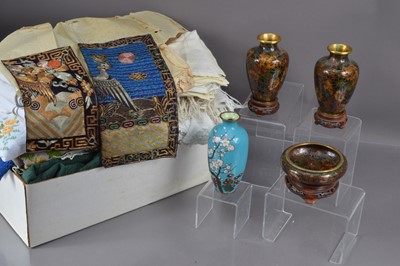 Lot 332 - Japanese cloisonné vases etc together with various textiles