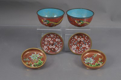 Lot 334 - Six various Chinese russet ground cloisonné bowls and dishes