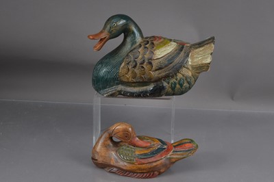 Lot 351 - Two Oriental wood and polychrome carved ducks