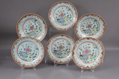 Lot 377 - A collection of six Chinese export porcelain 'Double Peacock' plates and soup bowls