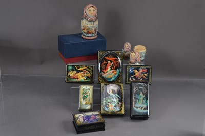 Lot 387 - A good group of seven Russian lacquer boxes