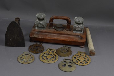 Lot 433 - An Edwardian oak desk stand with pen rack and inkwells