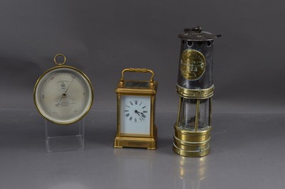 Lot 456 - A miner's lamp a barometer and a  20th Century French brass carriage clock