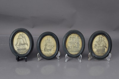 Lot 507 - Four oval scrimshaw style marine plaques depicting famous Ships, resin in oval frames, 14.5 high