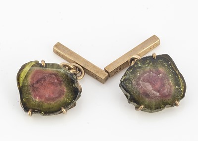 Lot 62 - A pair of 9ct gold and watermelon tourmaline cufflinks