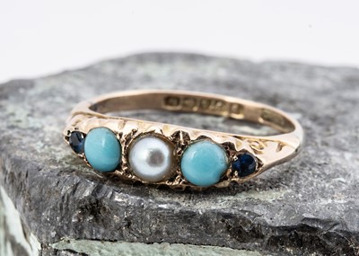 Lot 34 - A 9ct gold turquoise and seed pearl dress ring