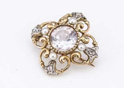 Lot 92 - A two colour gold sapphire, diamond and pearl quatrefoil brooch