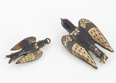 Lot 75 - Two 19th Century pique work tortoiseshell gold and silver swallow brooches