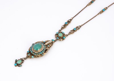 Lot 166 - An early 20th century Hungarian silver gilt, turquoise and seed pearl necklace and pendant