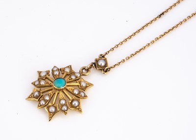 Lot 172 - A 15ct gold turquoise and seed pearl early 20th century pendant