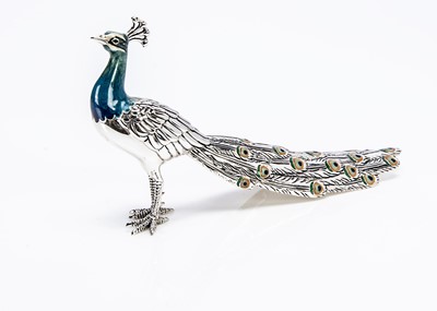 Lot 262 - A modern silver and enamelled figure of a peacock by Saturno