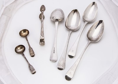 Lot 265 - A group of six Georgian spoons and a pair of sugar tongs