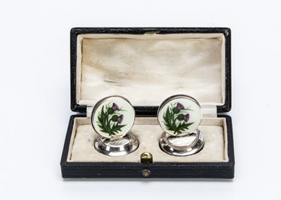 Lot 278 - A pair of Edwardian silver filled and enamel name place holders