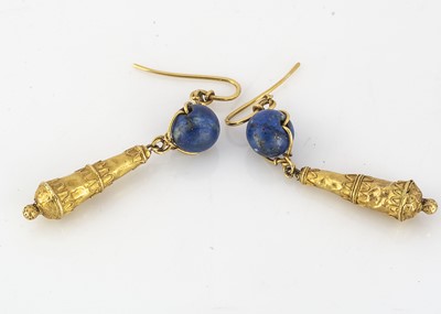 Lot 335 - A pair of Archaeological revivalist lapis lazuli and yellow metal drop earrings