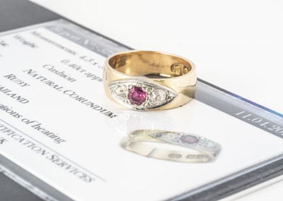 Lot 354 - A certificated 'un heated' ruby and old cut diamond three stone dress ring, flanked by two old cut diamonds, 0.20cts each approx, ring size P, hallmarked Birmingham 1915, makers marks S.T
