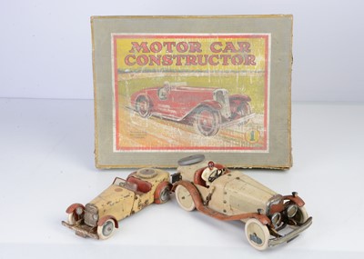 Lot 538 - Meccano built No1 and No 2 Motor Car Constructor Cars and box for No 1 (3)