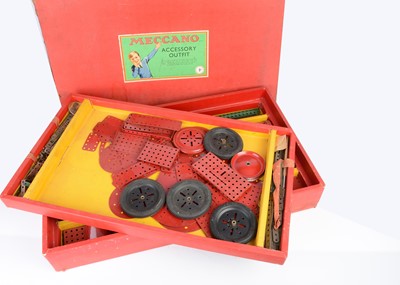 Lot 539 - Meccano 1950'S Sets 7 and 8a and 9A in red boxes with E20R Electric Motor and early Literature (qty)