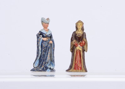 Lot 623 - Richard Courtenay female Medieval figures comprising superbly painted 15th Century lady with a standard figure of a Queen