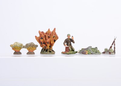 Lot 629 - Elastolin 70-75mm scale composition figure and accessories comprising WW2 German Army Field Telephone operator with small explosions (2)