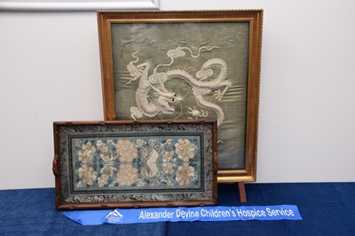 Lot 14 - A vintage Chinese silk embroidered panel presented in a fire screen together with a Chinese silk embroidered panel under glass in a tray mount (2)