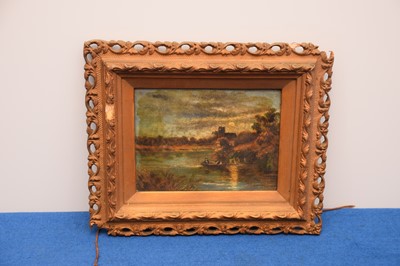 Lot 35 - A small Victorian oil on canvas of a lake scene in a gilt frame, 27cm by 32cm