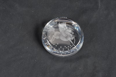 Lot 227 - A 20th Century glass paperweight with an image of Pegasus