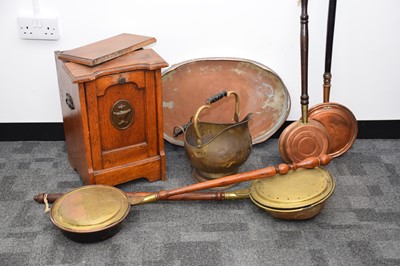 Lot 374 - Four Victorian bed pans, a Sheffield plated oval tray, a brass coal bucket and an oak coal scuttle