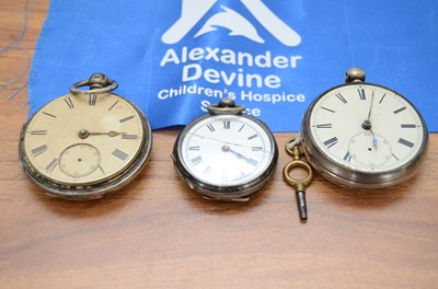 Lot 385 - Three silver open faced fob watches