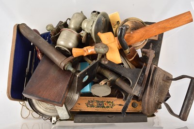 Lot 428 - Box of assorted items including a vintage brass fishing reel, scientific items, tools and more